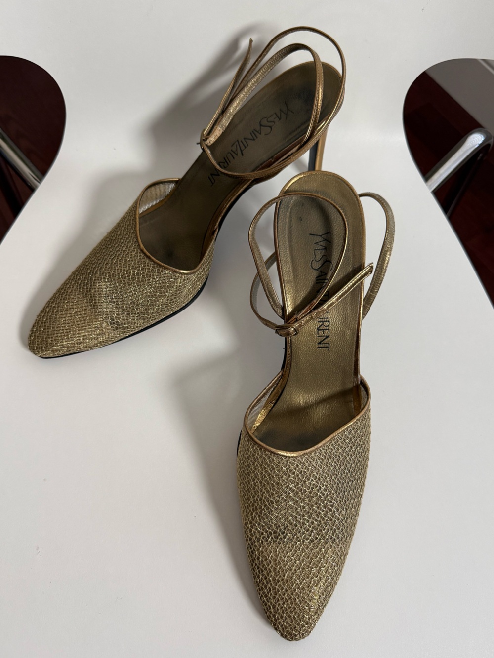Vintage 1980 Yves Saint Laurent Gold Mesh Slingback Pointed Toe Heels USA Size 8